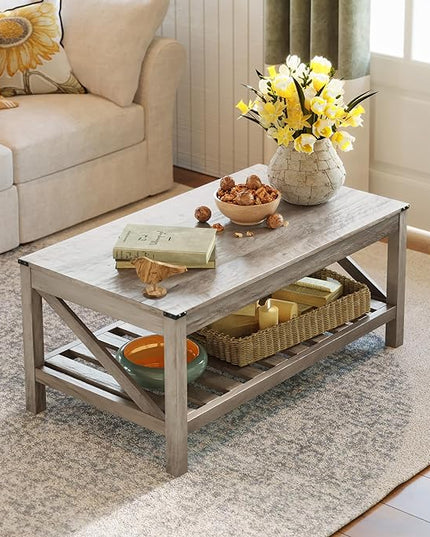 Farmhouse Coffee Table with 2-Tier Shelves - Rectangular Coffee Table with Storage for Living Room, Wood Coffee Table with Sturdy Frame, Washed Grey - LeafyLoom