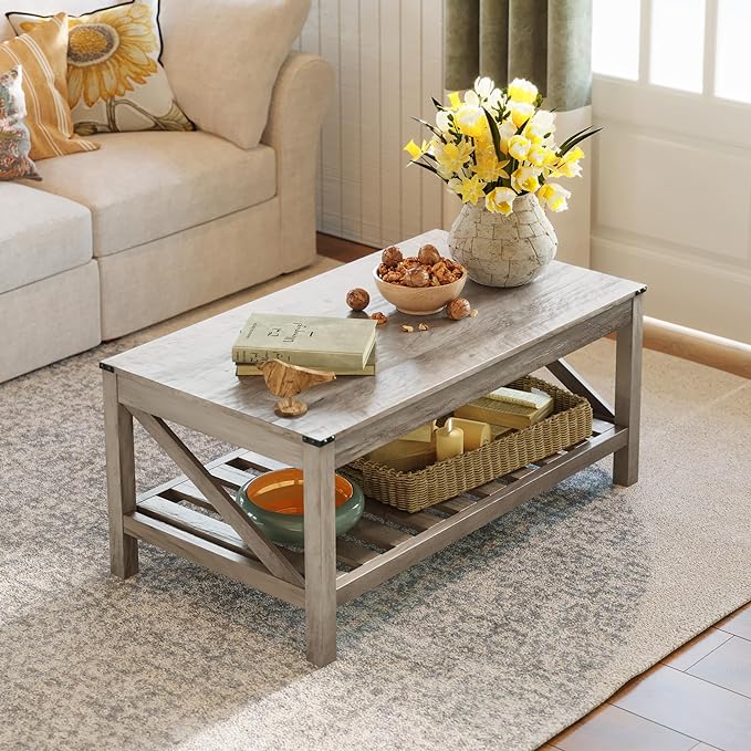 Farmhouse Coffee Table with 2-Tier Shelves - Rectangular Coffee Table with Storage for Living Room, Wood Coffee Table with Sturdy Frame, Washed Grey - LeafyLoom