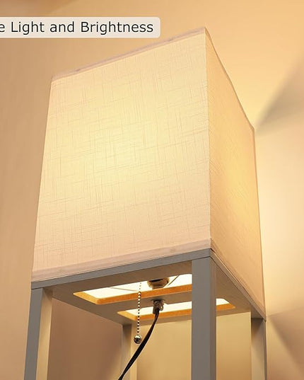 Floor Lamp with Shelves for Living Room White, Shelf Floor Lamp with 3 CCT LED Bulb, Corner Display Standing Column Lamp Etagere Organizer Tower Nightstand with White Linen Shade for Bedroom, Office - LeafyLoom