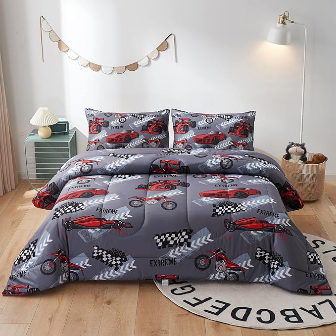 beeweed 2 Piece Kid Comforter Set Twin Size, Racing Car Bedding Set for Teen Boys Girls - LeafyLoom