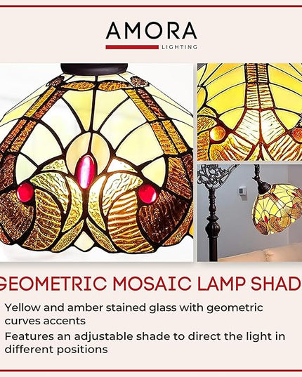 Amora Tiffany Style Floor Lamp Arched Vintage Antique 62" Tall Stained Glass Brown Red Tan Traditional Light Decor Bedroom Living Room Reading Gift AM344FL12 Lighting - LeafyLoom