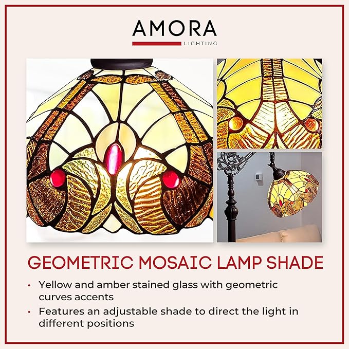 Amora Tiffany Style Floor Lamp Arched Vintage Antique 62" Tall Stained Glass Brown Red Tan Traditional Light Decor Bedroom Living Room Reading Gift AM344FL12 Lighting - LeafyLoom