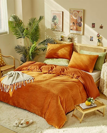 Burnt Orange Color Velvet Comforter Set Cal King Solid Rust Color Flannel Velvet Bedding Comforter Set All Caramel Colour 3 PCs Shaggy Soft Warm and Durable Flannel Blanket Cal King - LeafyLoom