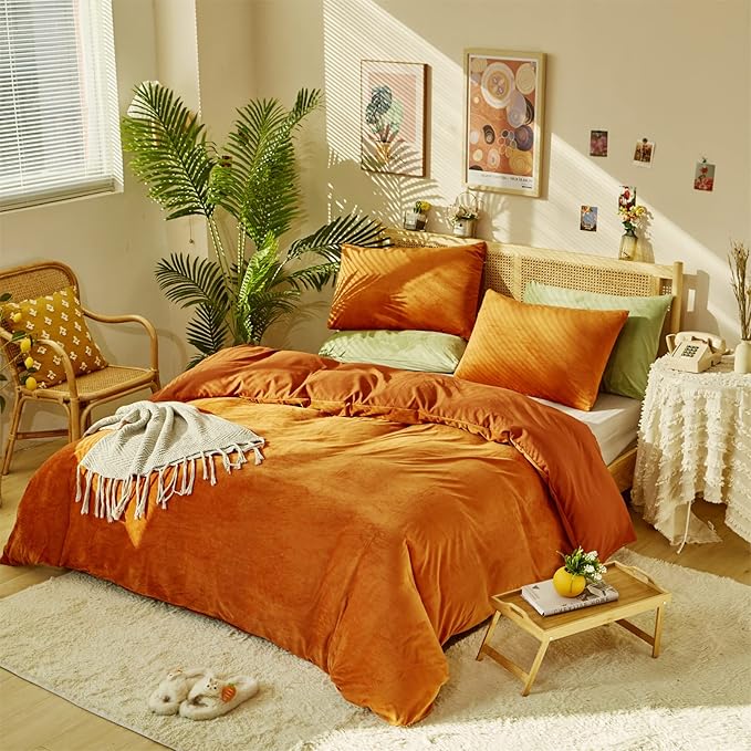 Burnt Orange Color Velvet Comforter Set Cal King Solid Rust Color Flannel Velvet Bedding Comforter Set All Caramel Colour 3 PCs Shaggy Soft Warm and Durable Flannel Blanket Cal King - LeafyLoom
