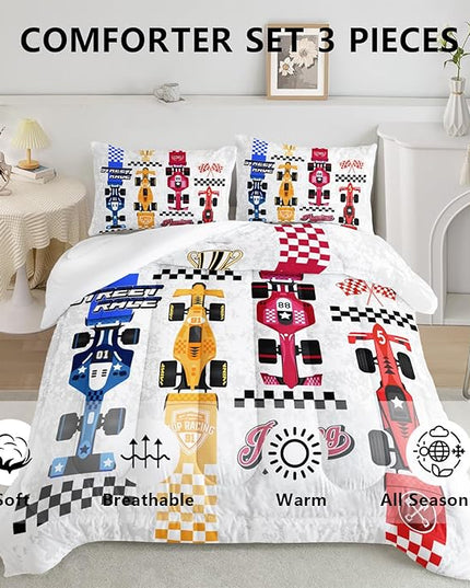 Axolotl Racing Car Comforter Set Queen Size,Colorful Sports Car Bedding Set for Kids Boys Teen Adult,Extreme Speed Race Bedding Sets Car Theme Bedroom Decor with 1 Comforter and 2 Pillowcases - LeafyLoom