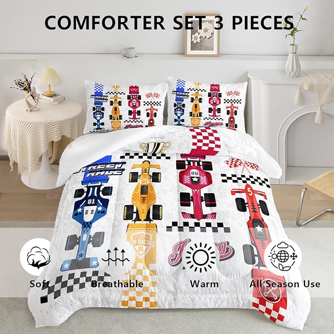 Axolotl Racing Car Comforter Set Queen Size,Colorful Sports Car Bedding Set for Kids Boys Teen Adult,Extreme Speed Race Bedding Sets Car Theme Bedroom Decor with 1 Comforter and 2 Pillowcases - LeafyLoom