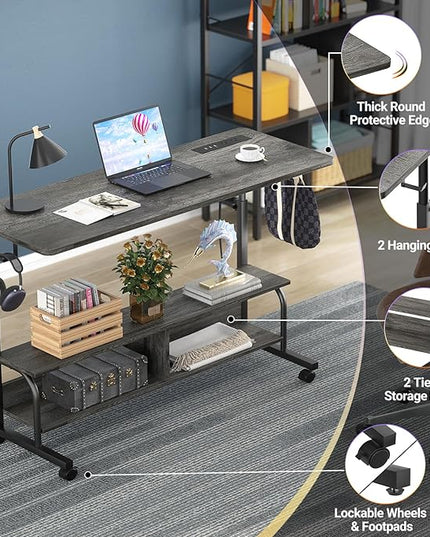 Height Adjustable Standing Desk with Power Outlets, 47" Manual Stand Up Desk with Storage Shelves Small Mobile Rolling Computer Desk Portable Laptop Table with Wheels for Home Office, Grey Oak - LeafyLoom