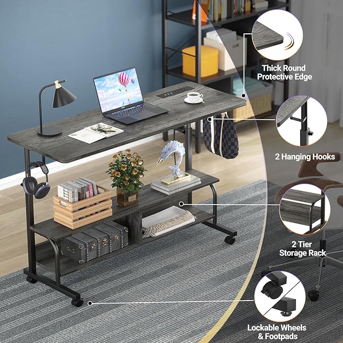 Height Adjustable Standing Desk with Power Outlets, 47" Manual Stand Up Desk with Storage Shelves Small Mobile Rolling Computer Desk Portable Laptop Table with Wheels for Home Office, Grey Oak - LeafyLoom