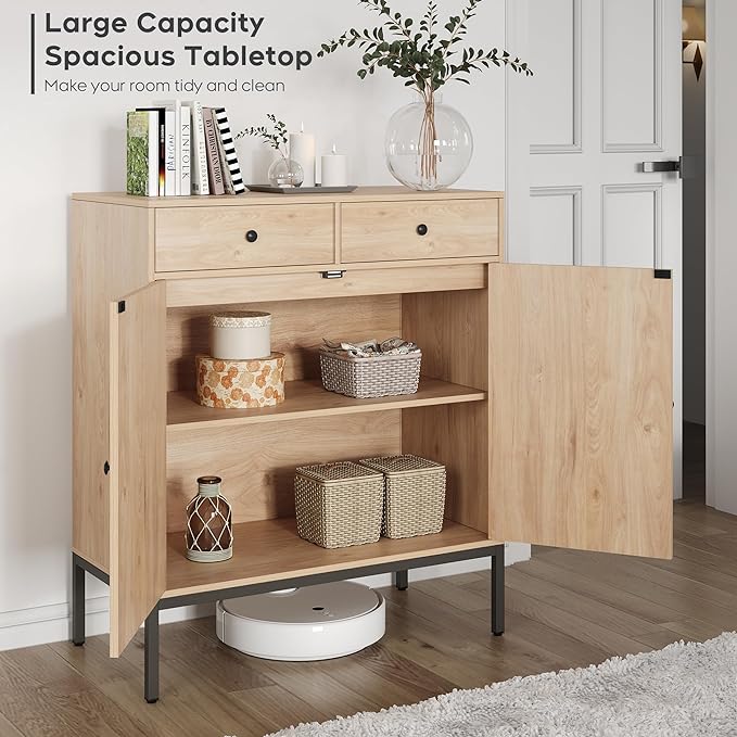 Brafab Rattan Cabinet Storage Sideboard Buffet Table Accent Console for Living Room Entryway Kitchen Dining Room 2 Drawers - LeafyLoom