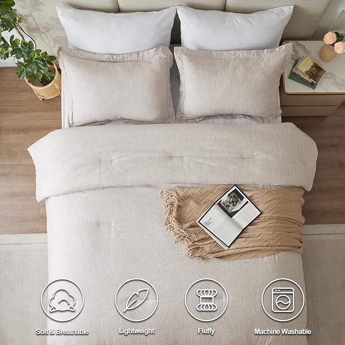 CozyLux Full Size Comforter Set - 3 Pieces Beige Soft Luxury Cationic Dyeing Bedding Comforter for All Season, Breathable Lightweight Fluffy Boho Bed Sets with 1 Comforter and 2 Pillow Shams - LeafyLoom