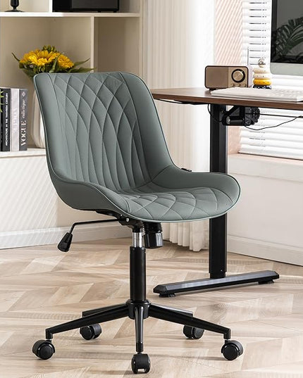YOUNIKE Office Chair with Wheels Armless Desk Chair Swivel Rolling Task Chair with Back Upholstered Faux Leather Modern Computer Chair Height Adjustable, Greyish Green - LeafyLoom