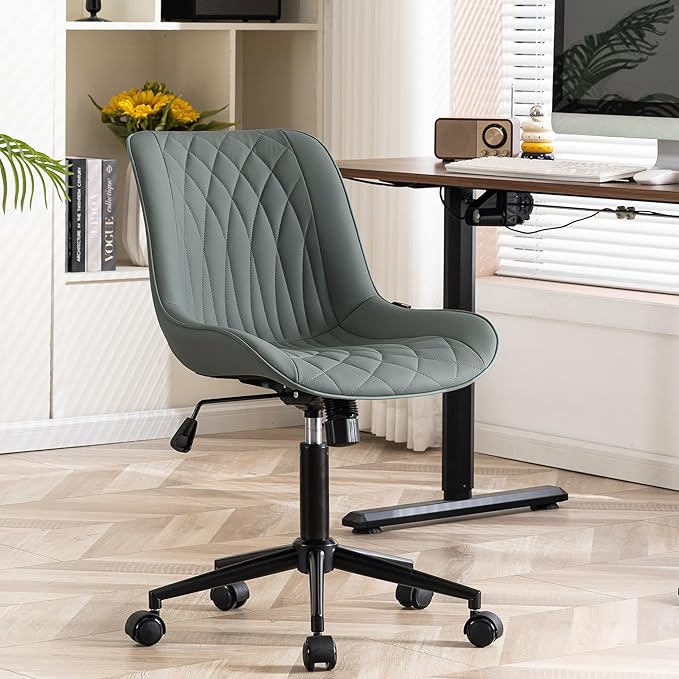 YOUNIKE Office Chair with Wheels Armless Desk Chair Swivel Rolling Task Chair with Back Upholstered Faux Leather Modern Computer Chair Height Adjustable, Greyish Green - LeafyLoom