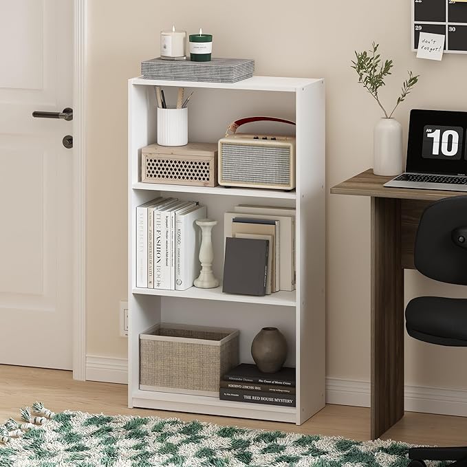 Furinno Basic 3-Tier Bookcase Storage Shelves, White/White - LeafyLoom