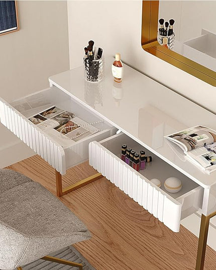 Elegant Modern Desk, 2 Drawers, Gold Legs, 43.3x15.75 inches, Home Office, Makeup Vanity, Computer, Writing, Study, Entryway, Sofa Table - LeafyLoom