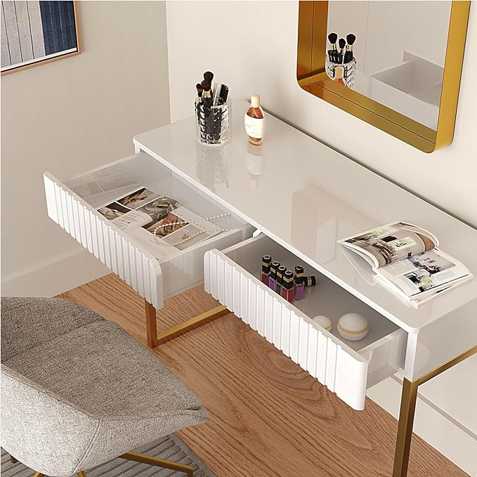 Elegant Modern Desk, 2 Drawers, Gold Legs, 43.3x15.75 inches, Home Office, Makeup Vanity, Computer, Writing, Study, Entryway, Sofa Table - LeafyLoom