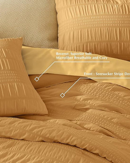 CASAAGUSTO Queen Comforter Set, 7 Pieces Mustard Yellow Seersucker Bed in a Bag Queen Size Soft All Seasons, Bedding Sets with Comforter, Flat Sheet, Fitted Sheet, 2 Pillow Shams, 2 Pillowcases - LeafyLoom