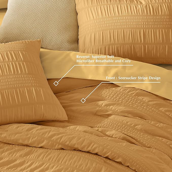 CASAAGUSTO Queen Comforter Set, 7 Pieces Mustard Yellow Seersucker Bed in a Bag Queen Size Soft All Seasons, Bedding Sets with Comforter, Flat Sheet, Fitted Sheet, 2 Pillow Shams, 2 Pillowcases - LeafyLoom