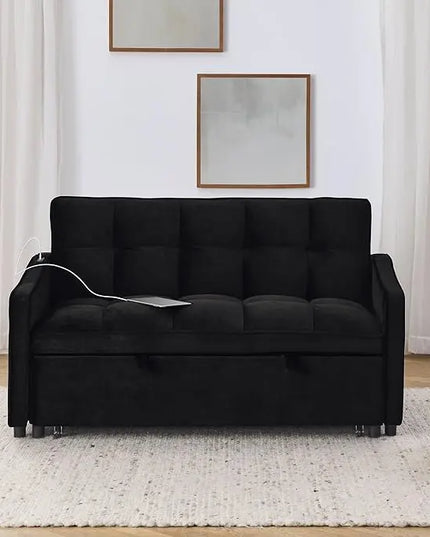 Tufted Convertible Futon Loveseat Pull Out Couch Bed 3 in 1 Velvet Upholstered Sleeper Sofa Recliner Love Seat Lounge Chaise Daybed with Adjustable Backrest Type C and USB Charging for Living Room - LeafyLoom