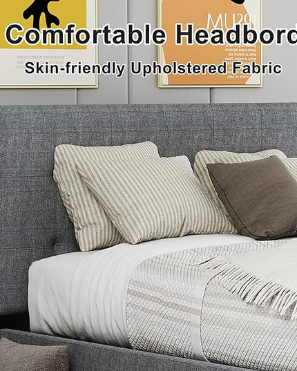 Bellemave Full Size Bed Frame with 2 Storage Drawers,Linen Upholstered Platform Bed Frame with Headboard for Kids,Adults,No Box Spring Needed,Gray - LeafyLoom