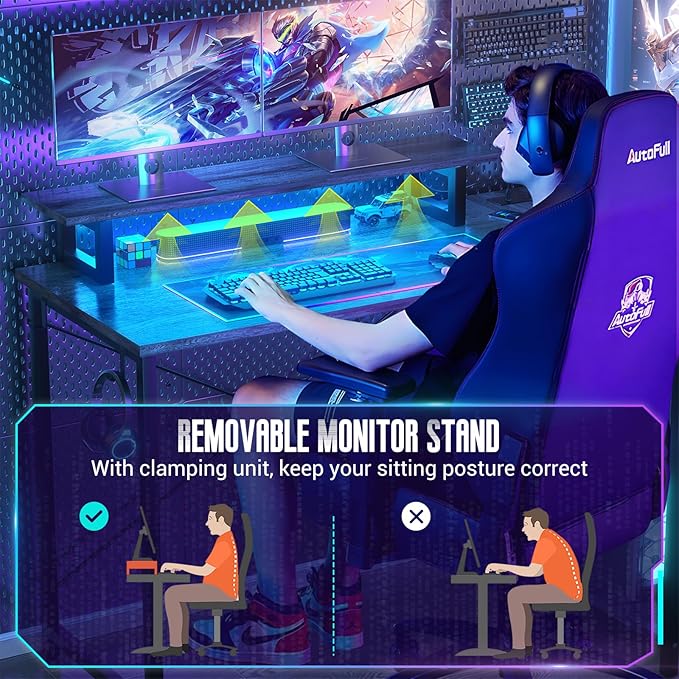 Homieasy L Shaped Gaming Desk with Power Outlet & LED Light, 47 Inch Computer Desk with Storage Shelves, Reversible Corner Desk with Monitor Stand Headset Hooks for Home Office, Black Oak - LeafyLoom