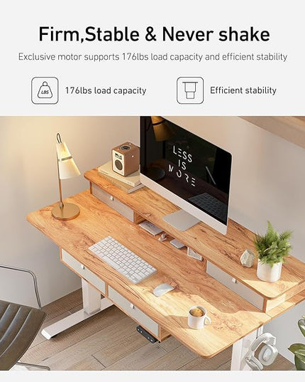 FEZIBO Sturdy Height Adjustable Electric Standing Desk with Drawers, 63 x 24 Inch Stand Up Table with Large Storage Shelf, Sit Stand Desk, Light Rustic Brown Top - LeafyLoom