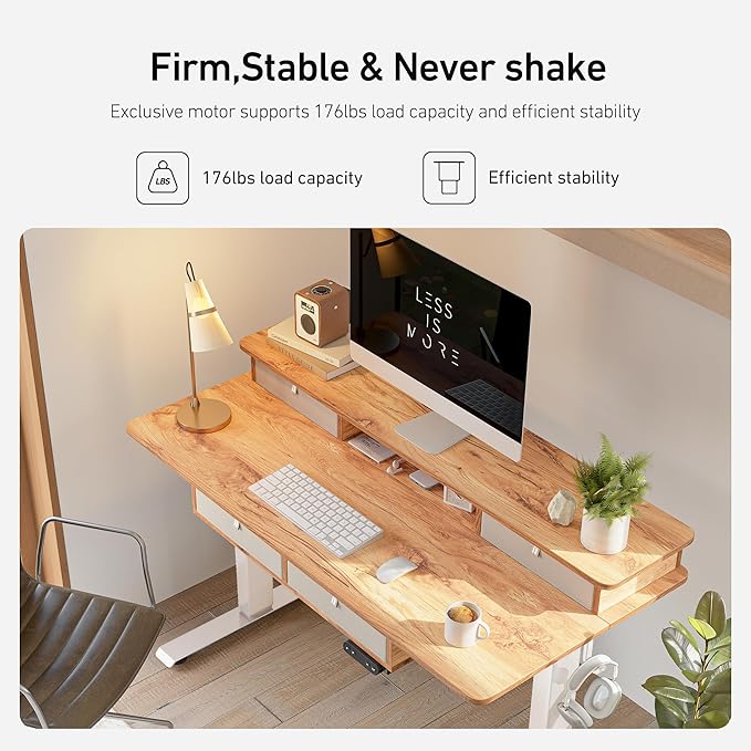 FEZIBO Sturdy Height Adjustable Electric Standing Desk with Drawers, 48 x 24 Inch Stand Up Table with Large Storage Shelf, Sit Stand Desk, Light Rustic Brown Top - LeafyLoom