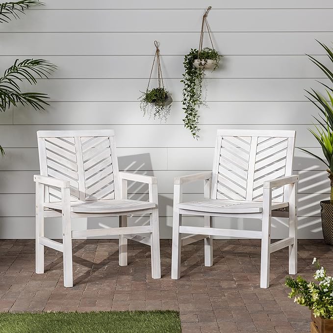 Walker Edison AZWC2VINWW Avalon Chevron Solid Acacia Wood Outdoor Chair, White Wash - LeafyLoom