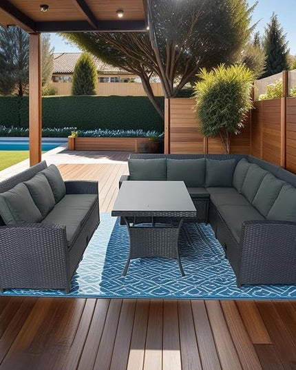 5 Pieces Outdoor Rattan Patio Furniture Sectional, Seater Conversation Set with 3 Storage Under Seat Wicker + Dark Grey Cushion for Backyard, Deck, Poolside, Zl-Black - LeafyLoom