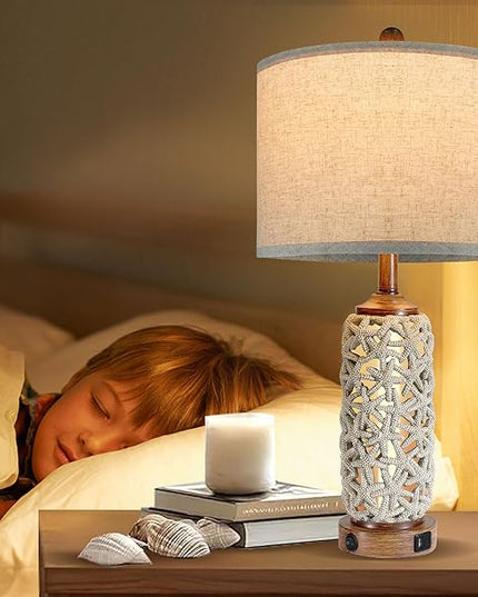 Coastal Nautical Lamp Farmhouse Table Lamps for Living Room Bedroom， Bedside Lamp with Dual USB Port，26.5'' Tall Nightstand Lamps(2 Bulb Included) - LeafyLoom
