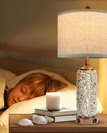 Coastal Nautical Lamp Farmhouse Table Lamps for Living Room Bedroom， Bedside Lamp with Dual USB Port，26.5'' Tall Nightstand Lamps - LeafyLoom