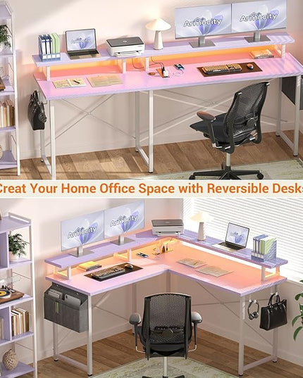 armocity L Shaped Computer Desk with Power Outlets, Gaming LED Lights, Corner Storage Shelves, Work Study for Bedroom, Home Office Small Spaces, 47'', Carbon Fiber Purple - LeafyLoom