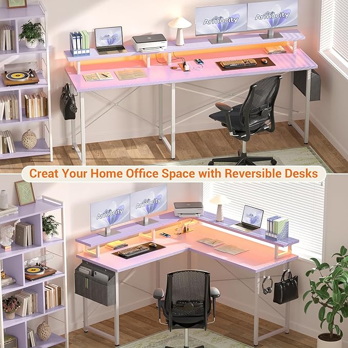 armocity L Shaped Computer Desk with Power Outlets, Gaming LED Lights, Corner Storage Shelves, Work Study for Bedroom, Home Office Small Spaces, 47'', Carbon Fiber Purple - LeafyLoom