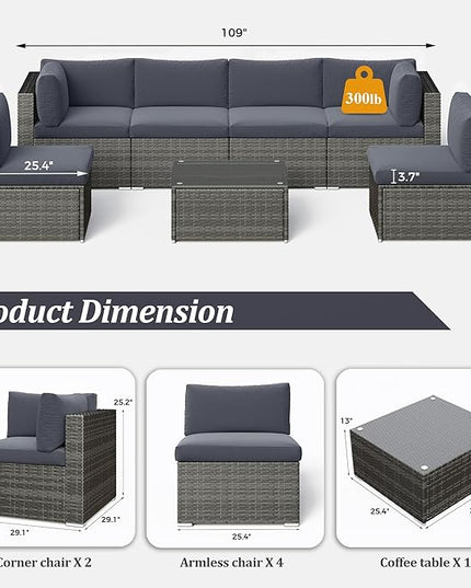 SUNVIVI OUTDOOR 7 Piece Patio Furniture Sets All Weather Gery PE Wicker Couch Sofa with Glass Table, Removable Dark Grey Cushions - LeafyLoom