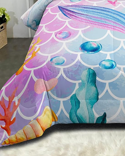 NINENINE Mermaid Bedding Sets,Girls Comforter Sets Queen, Princess Bedding Queen,Mermaid Comforter Ocean Fish Scales Bedding Sets with 1 Comforter 2Pillowcases - LeafyLoom