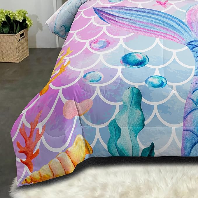 NINENINE Mermaid Bedding Sets,Girls Comforter Sets Queen, Princess Bedding Queen,Mermaid Comforter Ocean Fish Scales Bedding Sets with 1 Comforter 2Pillowcases - LeafyLoom
