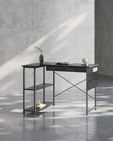 Ｍａｉｈａｉｌ Maihail Home Office Desk with Drawers Shelves, 39 inch Computer Corner Desk for Small Space, Small L Shaped Desk with Side Storage for Bedroom, Black - LeafyLoom