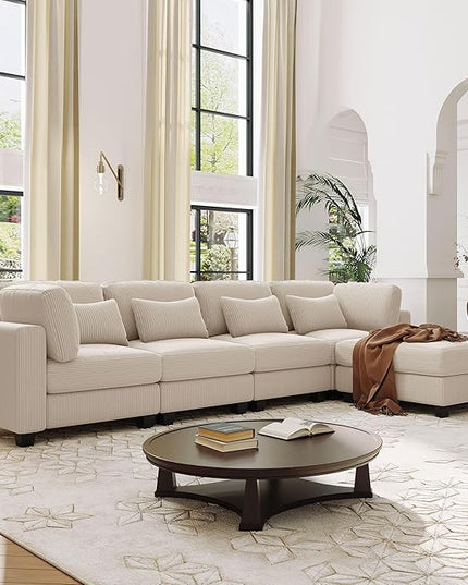 Removable comfortable Pieces Convertible Modular Sectional Movable Ottoman,Large L Shaped Corner Reversible Chaise and Waist Pillows, 5-Seat Oversized Cloud Sofas & Couches, Beige-C - LeafyLoom