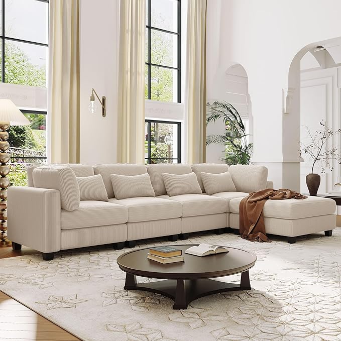 Removable comfortable Pieces Convertible Modular Sectional Movable Ottoman,Large L Shaped Corner Reversible Chaise and Waist Pillows, 5-Seat Oversized Cloud Sofas & Couches, Beige-C - LeafyLoom