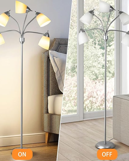 DINGLILIGHTING Floor Lamp Tall for Room: Flexible Gooseneck Floor Lamps Standing for Bedroom Home Office - Modern Floor Lights Silver 5-Light - LeafyLoom