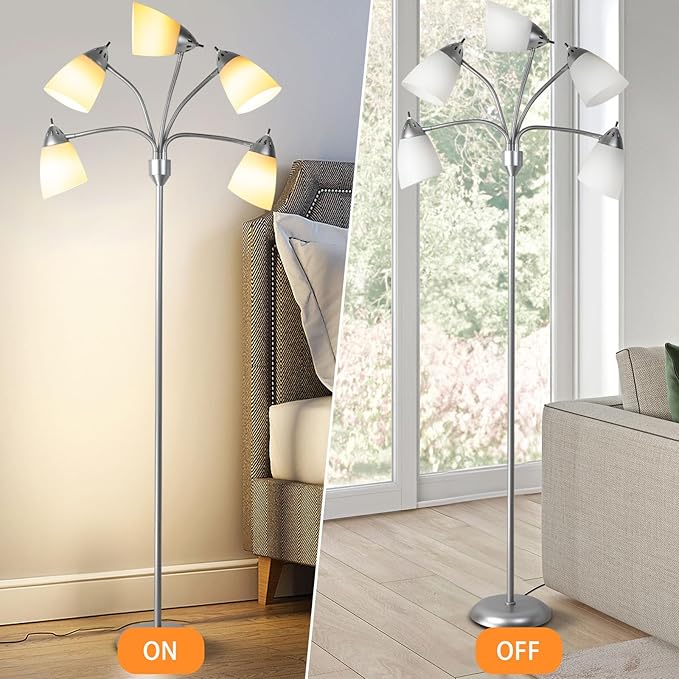 DINGLILIGHTING Floor Lamp Tall for Room: Flexible Gooseneck Floor Lamps Standing for Bedroom Home Office - Modern Floor Lights Silver 5-Light - LeafyLoom