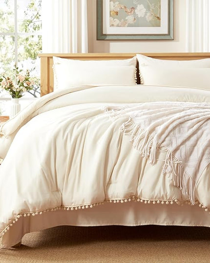 Anluoer Full Comforter Set 7 Piece, Cream Bed in a Bag with Sheets, Pom Pom Boho Bedding Comforter Sets with 1 Comforter, 2 Pillow Shams, 2 Pillowcases, 1 Flat Sheet, 1 Fitted Sheet - LeafyLoom