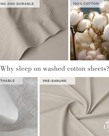 Linen Home Washed Cotton Percale Queen Sheet Set, Silver, Deep Pocket, 4 Pieces Bed Sheets - 1 Flat Sheet, 1 Fitted Sheet & 2 Envelope Closure Pillowcases, Cool and Comfortable Bed Linen - LeafyLoom