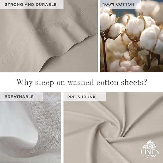 Linen Home Washed Cotton Percale Queen Sheet Set, Silver, Deep Pocket, 4 Pieces Bed Sheets - 1 Flat Sheet, 1 Fitted Sheet & 2 Envelope Closure Pillowcases, Cool and Comfortable Bed Linen - LeafyLoom