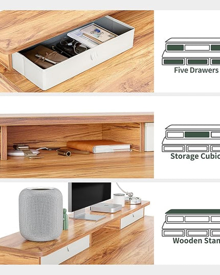 FEZIBO Height Adjustable Electric Standing Desk with 5 Drawers, 48 x 24 Inch Table with Storage Shelf, Sit Stand Desk White Frame/Light Rustic Top, 48 inch - LeafyLoom