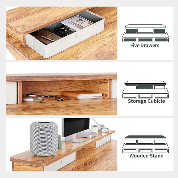 FEZIBO Height Adjustable Electric Standing Desk with 5 Drawers, 48 x 24 Inch Table with Storage Shelf, Sit Stand Desk White Frame/Light Rustic Top, 48 inch - LeafyLoom