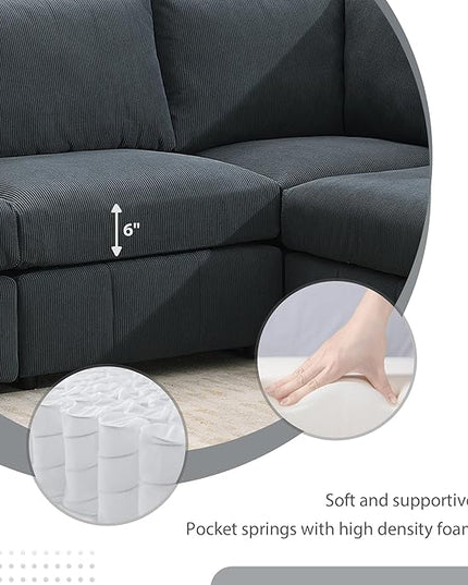 93" Sectional Couch with Convertible Ottomans, 5-Seat Armless Modular Sofa with Vertical Stripes, Freely Combinable Couch Sectionals for Living Room, Apartment - LeafyLoom