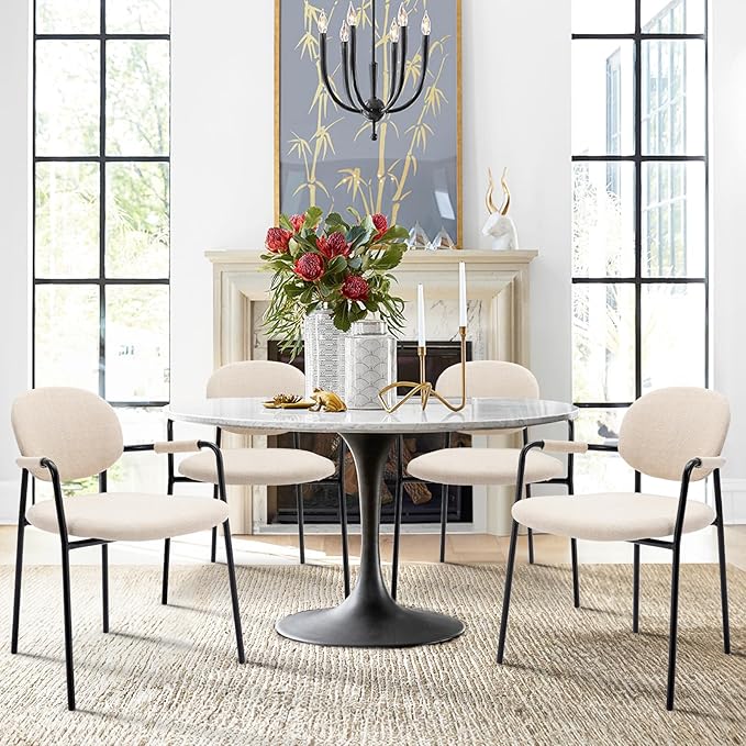 COLAMY Boucle Dining Chairs Set of 4, Fabric Dining Chairs Set of 4 with Arms, Upholstered Dining Armchairs with Back for Kitchen,Dining Room, Beige - LeafyLoom
