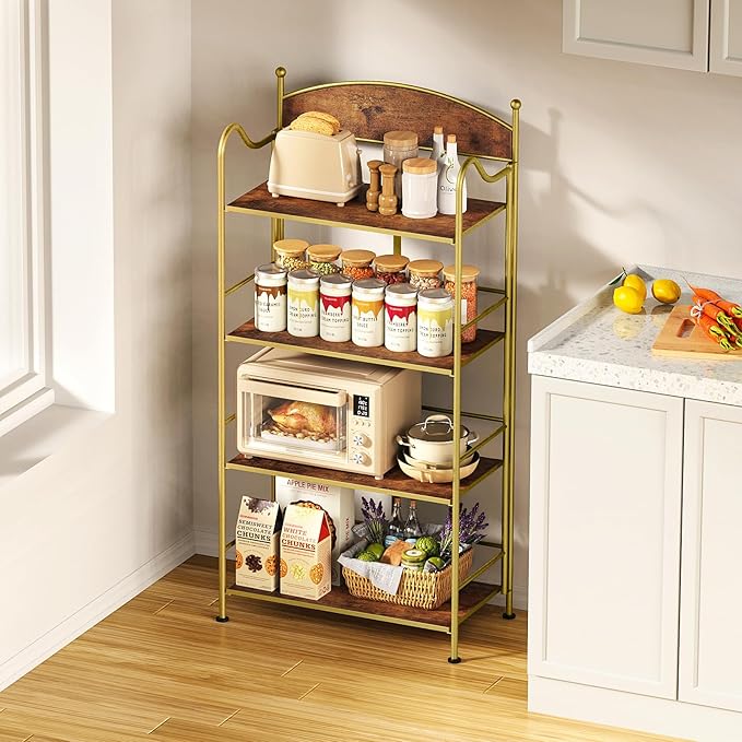 Folding Bookshelf No Assembly, 4 Shelf Gold Folding Bookcase with Sturdy Metal Frame, Vintage Open Standing Collapsible Shelves for Bedroom, Living Room, Home Office Organization - LeafyLoom