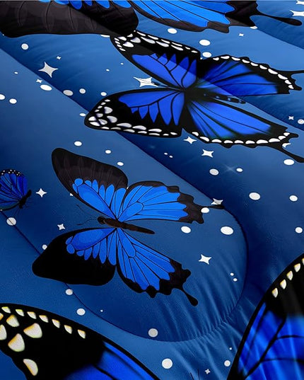 Blue Butterfly Comforter, Butterfly Bedding Set for Girls, Blue Butterflies with Sky Stars Prints Comforter Set for Women Girls Butterfly Bedding Twin Size Quilt Set, 1 Comforter + 1 Pillowcase - LeafyLoom