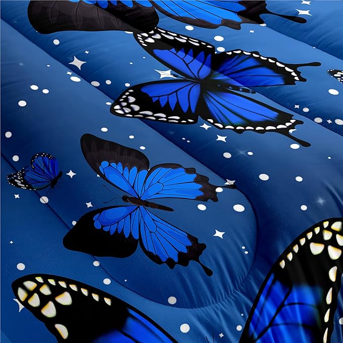 Blue Butterfly Comforter, Butterfly Bedding Set for Girls, Blue Butterflies with Sky Stars Prints Comforter Set for Women Girls Butterfly Bedding Twin Size Quilt Set, 1 Comforter + 1 Pillowcase - LeafyLoom